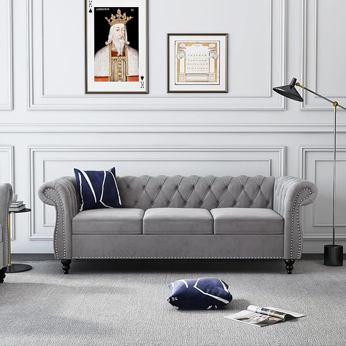 Mid-Century 3 Seater Sofa, Velvet Couch