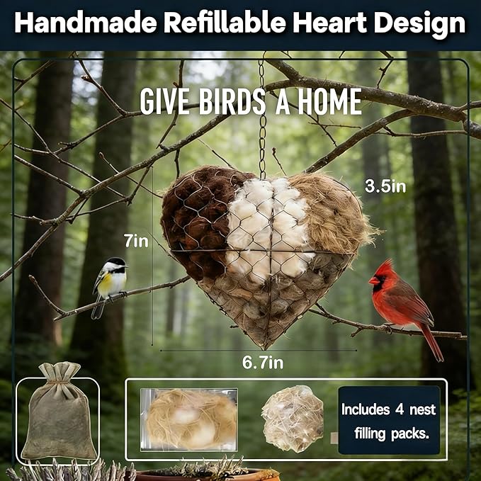 Handmade Alpaca Fiber Bird Nesting Heart, Refillable Nesting Material Accessory for Wild Birds, Outdoor Garden Decoration, Gift for Bird & Nature Lovers, Hummingbird Nesting Material (3 set)
