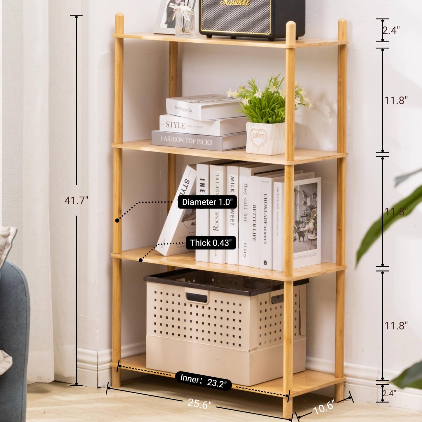 WooFawn 4-Tier Expandable Freestanding Open Bamboo Book Shelf - No-Tool Assembly & Modular,Bathroom Storage Shelf Unit Plant Stand for Small Space, Bedroom, Living Room, Home Office (Natural, 4-Tier)