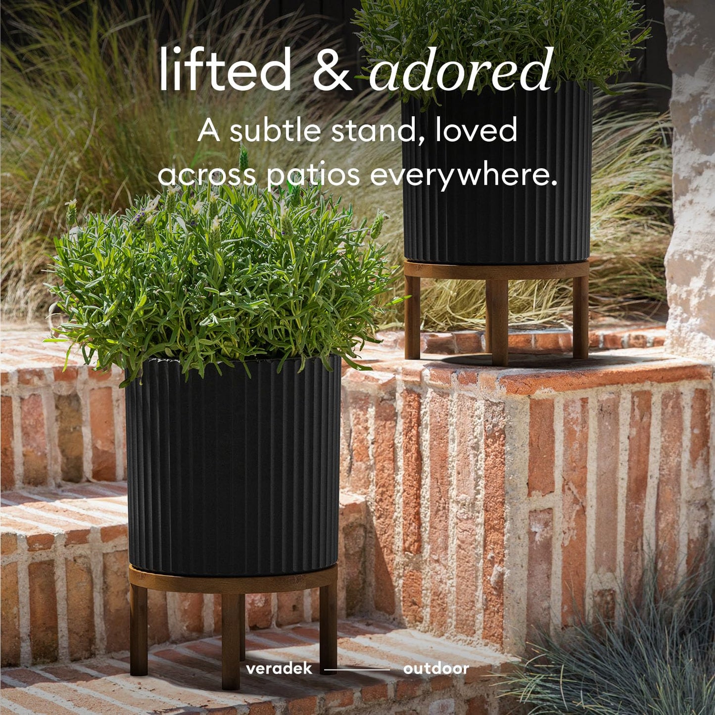 Veradek Demi Series Round Planter w/Stand for Porch/Patio | Durable Plastic-Stone Composite & Wooden Stand | Modern Décor for Tall Plants, Flowers