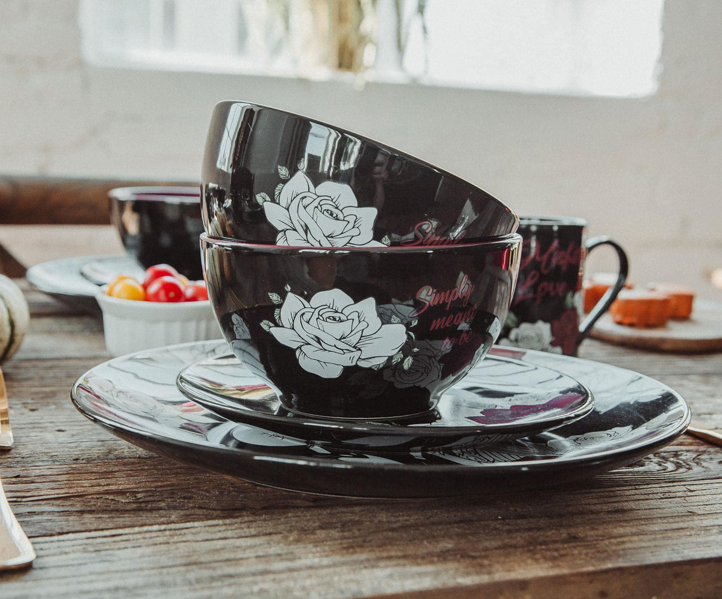 Disney The Nightmare Before Christmas Jack and Sally Roses 16-Piece Ceramic Dinnerware Set | Includes Salad Plates, Bowls, Mugs