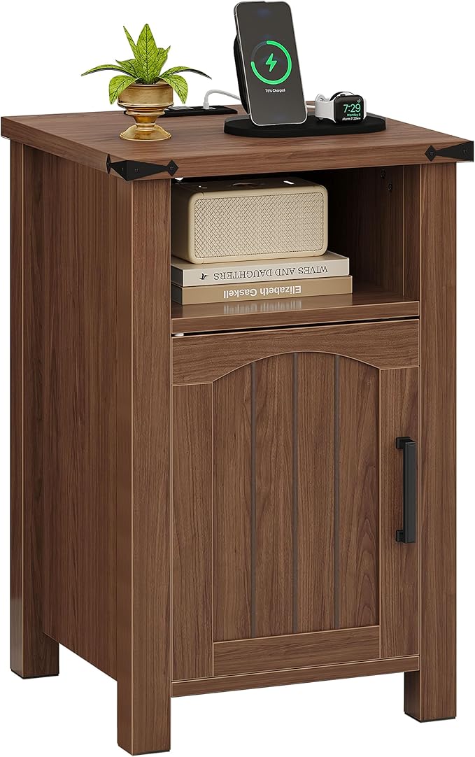 Farmhouse Nightstand with Charging Station, End Table with USB/Type-C Ports and