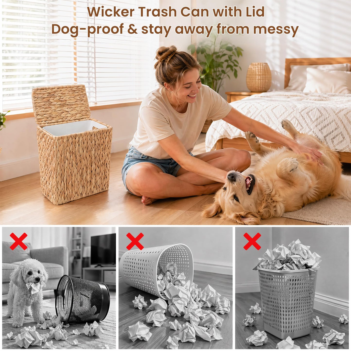 Felthritn Wicker Trash Can,3 Gallon Bathroom Trash Can with Lid,Handwoven Water Hyacinth Rattan Waste Basket with Removable Liner and Built-in Handles for Bedroom,Toilet,Narrow Spaces