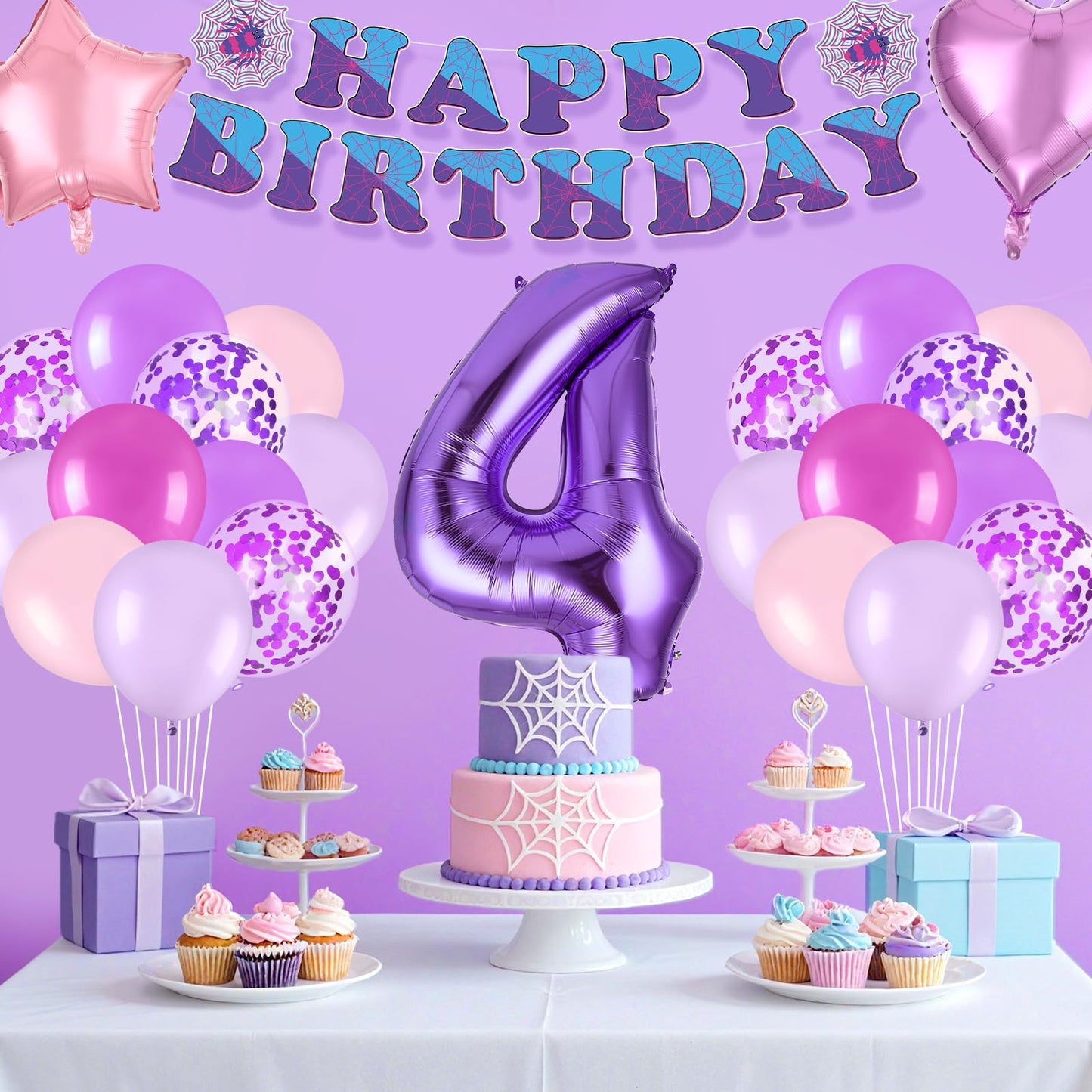 37pcs Ghost Spider 4th Birthday Decorations-Purple Number 4 Balloon,Happy Birthday Banner,Pink/Purple Balloons,Ghost Spider Theme Birthday Decor for 4 Year Old Girl Friends HB Party