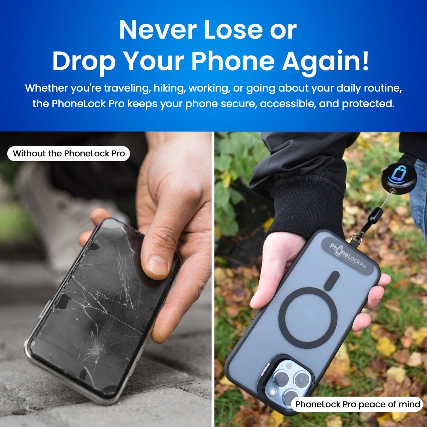 PhoneLockPro - Retractable Anti-Theft Phone Holder with Belt Clip – Durable Stainless Steel and Zinc Alloy – Perfect for Travel, Hiking, Work, and Daily Use – Prevent Drops and Protect Against Theft