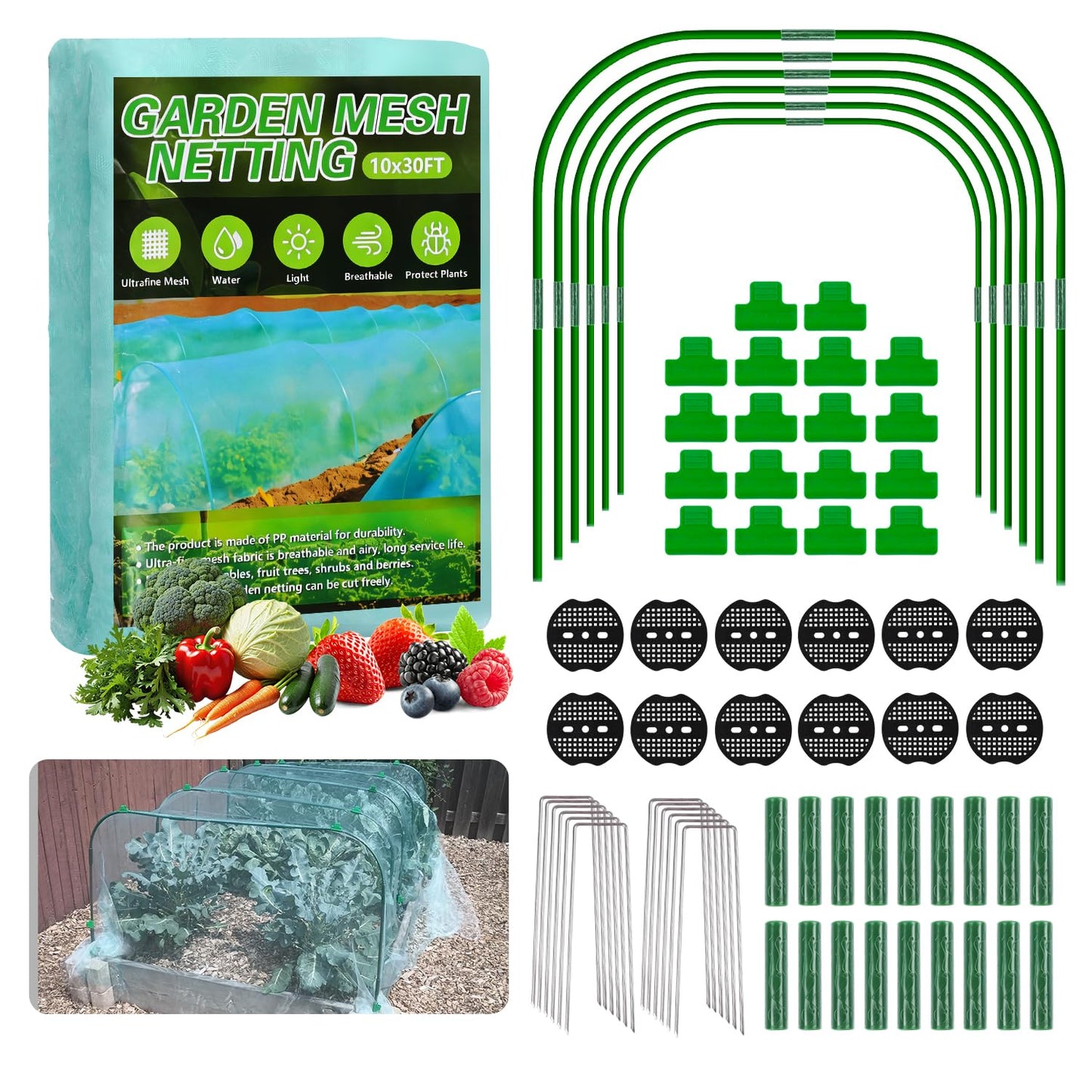 Garden Mesh Netting Kit, 10x30FT Green Ultra Fine Netting with 6 Sets Wide Garden Hoops & 18 Clips, Raised Garden Bed Netting with Frame, Row Cover, Plant Barrier for Vegetables Fruits