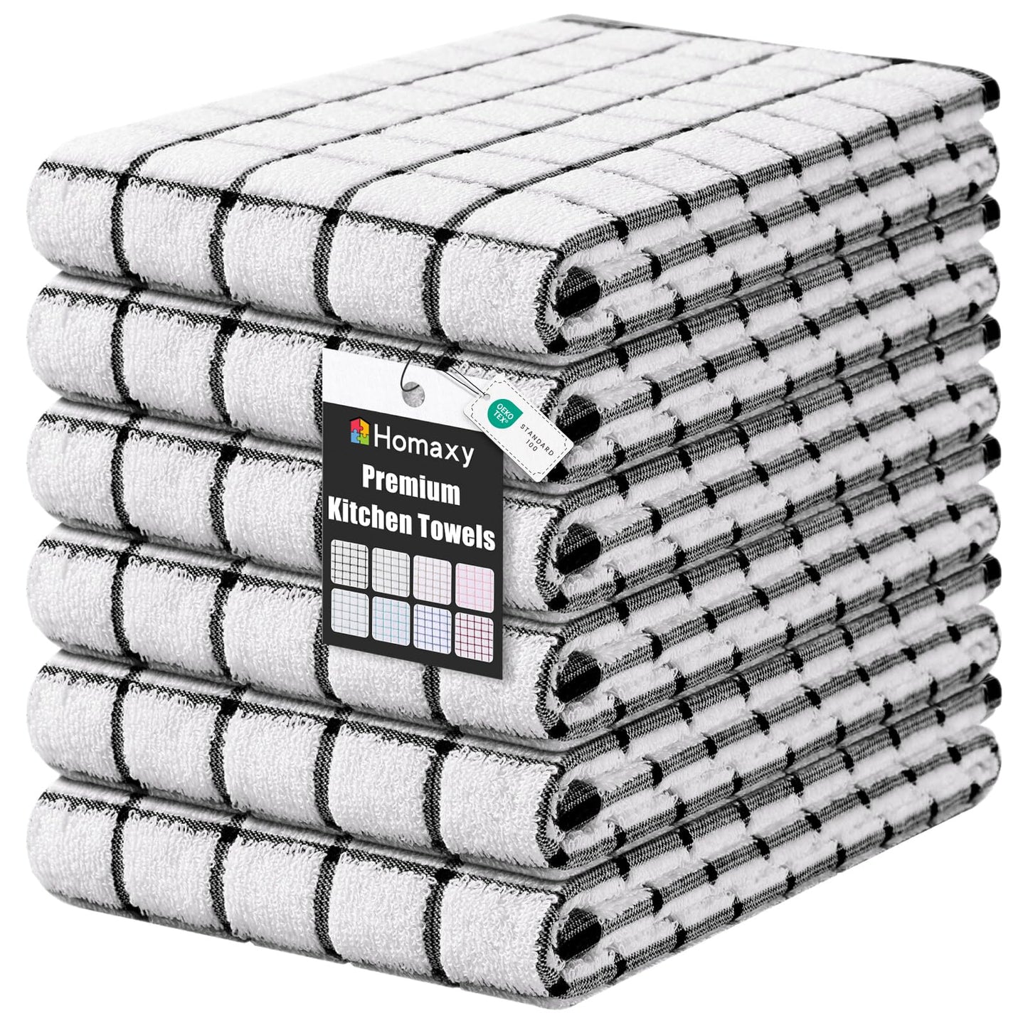 Homaxy Premium Kitchen Towels(16”x 28”, 6 Pack), Large Ring Spun Cotton Dish Towels, Super Absorbent Soft Terry Kitchen Hand Towels, Check Design Tea Towel Set with Hanging Loop, Black