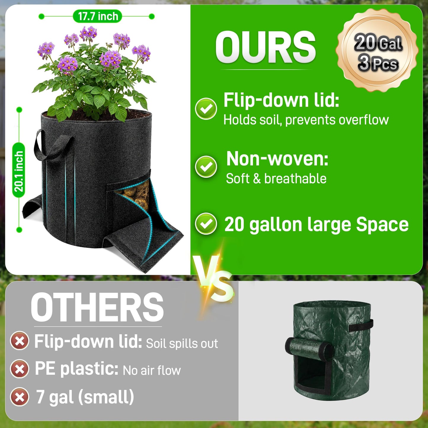 Mulctun 3Pcs 20 Gallon Potato Grow Bags, Grow Bags with Harvest & Visible Windows,Potato Bags for Growing Potatoes with Sturdy Handles,Potato Growing Containers for Growing Potatoes Vegetables