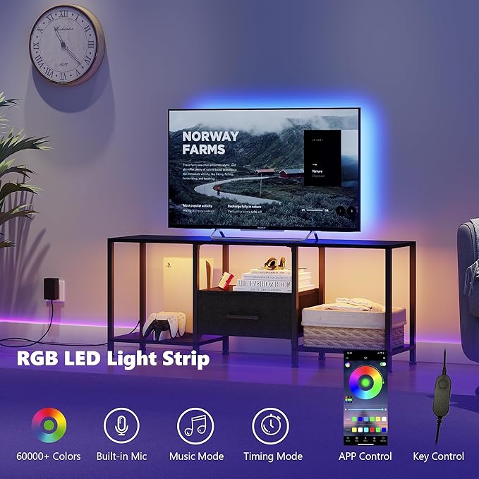 JARHETUN TV Stand with LED Lights, Entertainment Center with Open Shelves and