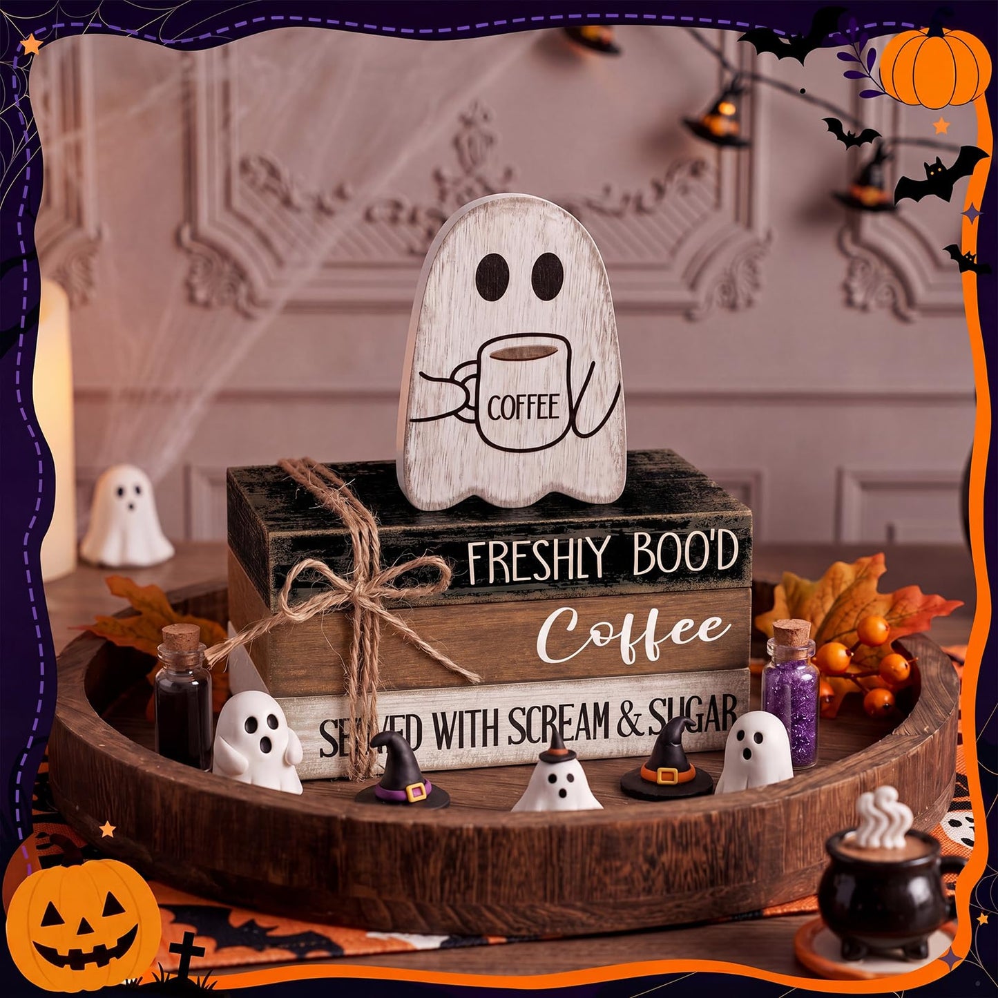 Anglechic 4 Pcs Halloween Table Decorations Halloween Ghost Tiered Tray Decorations Rustic Mini Ghost Coffee Wooden Books Centerpiece Signs for Farmhouse Office Shelf Tabletop Office Bookshelf