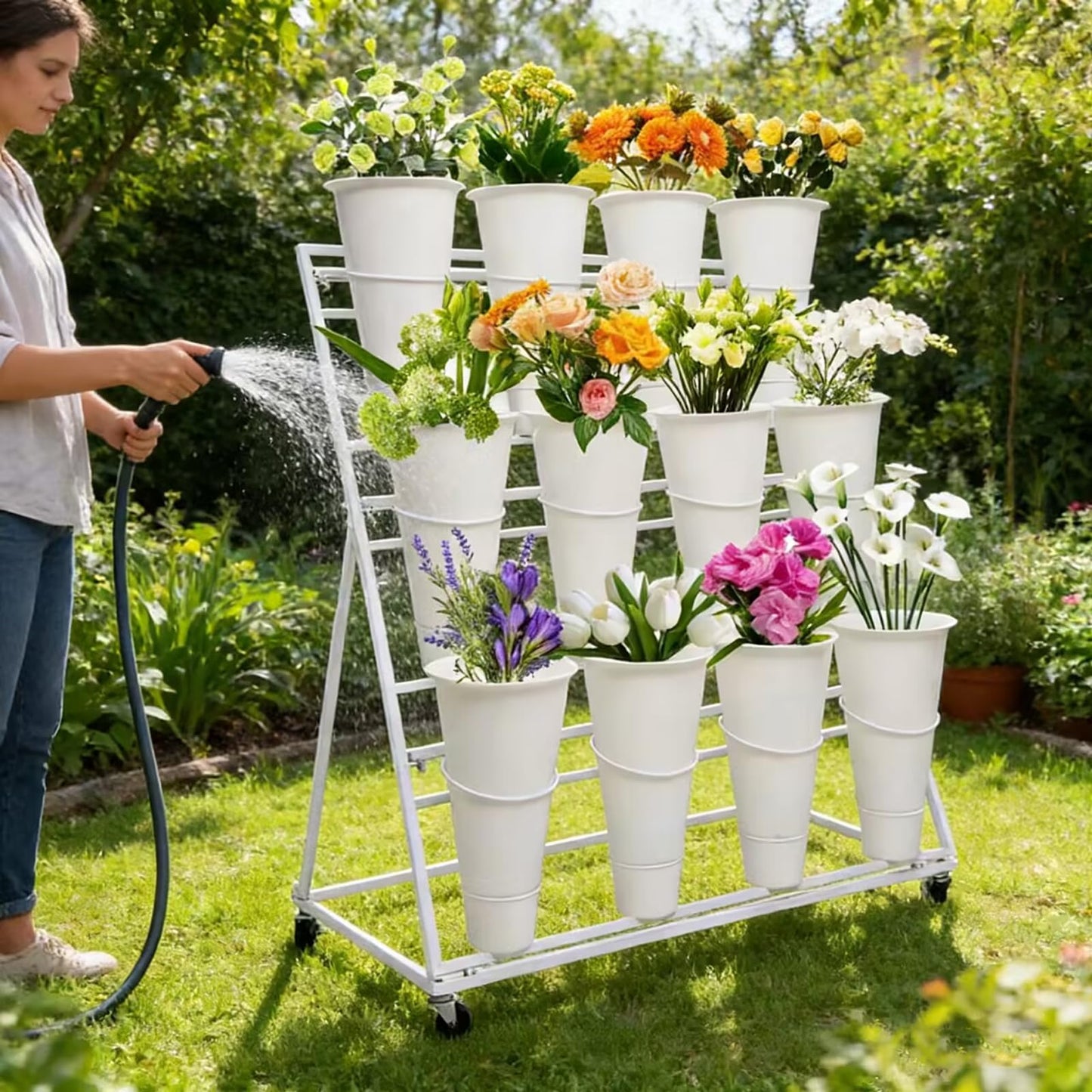 Flower Display Stands With Buckets, With 12pcs Buckets, 3-Tier Rolling Flower Bar,Heavy Duty Metal Flower Cart,For Indoor/Outdoor Use, Wedding Decor & Florist Displays (A - White frame, white bucket)