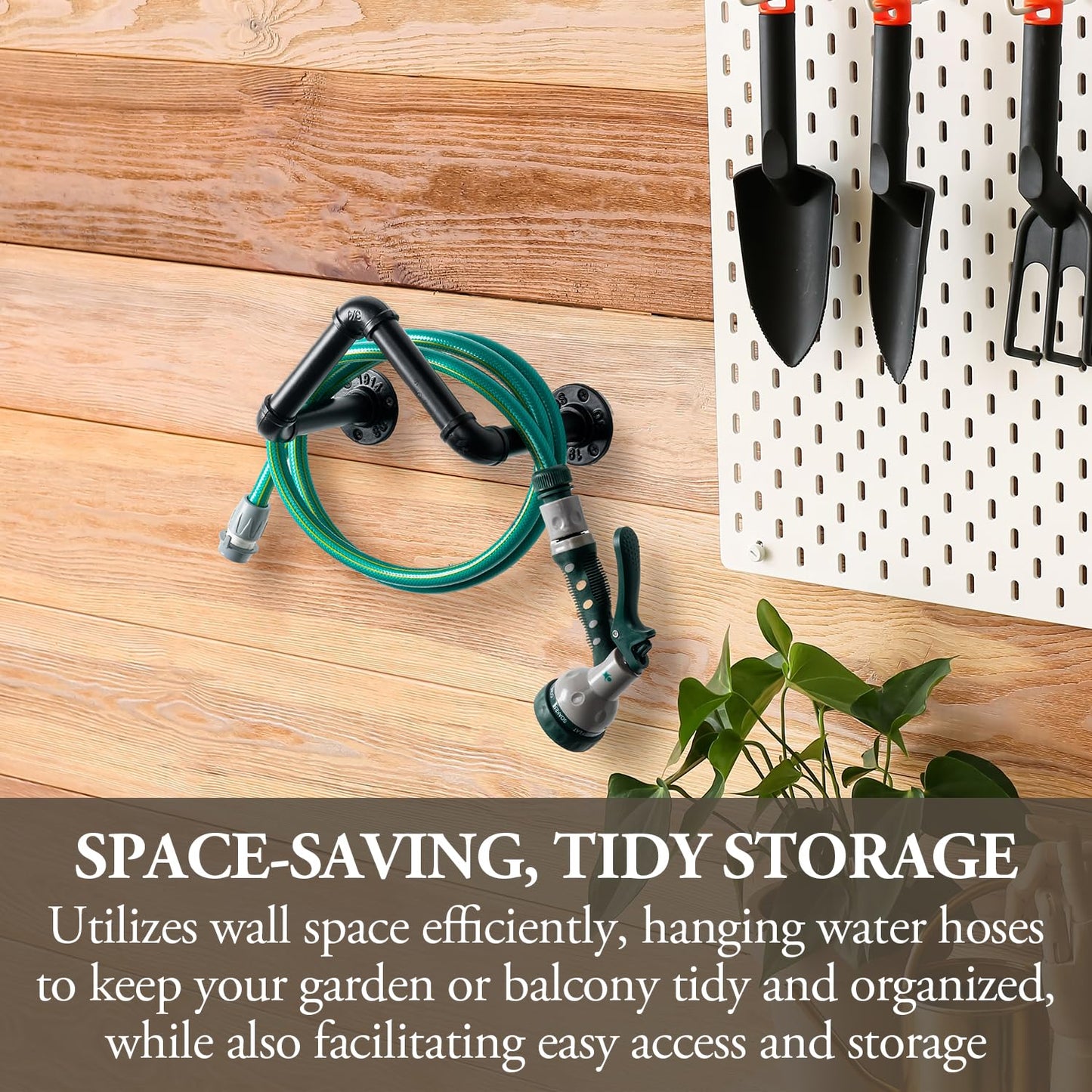 MyGift Wall Mounted Garden Hose Holder, Industrial Matte Black Metal Pipe Design Watering Tube Reel Rack, Decorative Pipework Hook for Hanging Water Hosepipe