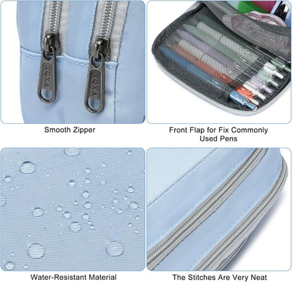 XQXA Pencil Pouch Large Capacity Pencil Case Organizer, Multifunctional Pencil Pouch with 3 Compartmens, Big Pencil Bag for Office Travel Men Women Adult (01-Haze Blue)
