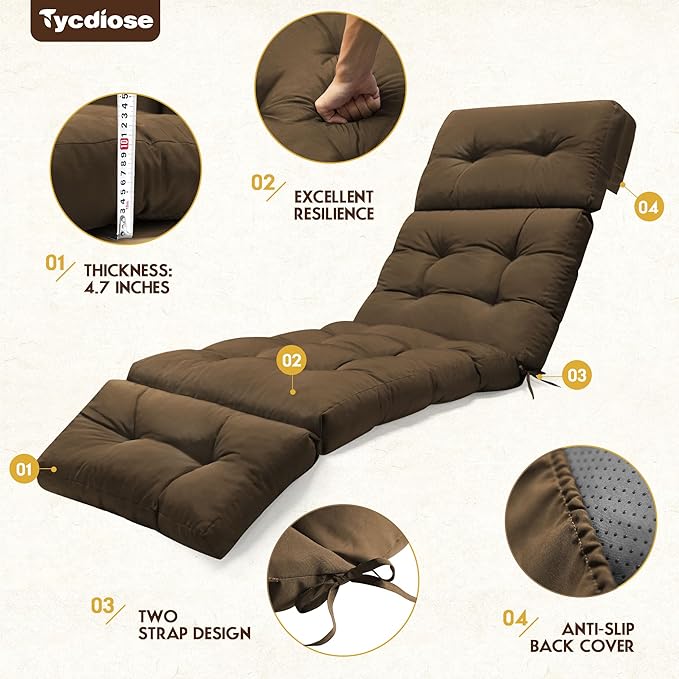 Waterproof Outdoor Chaise Lounge Chair Cushion 74.4 x 22 x 4.7 Inches Memory