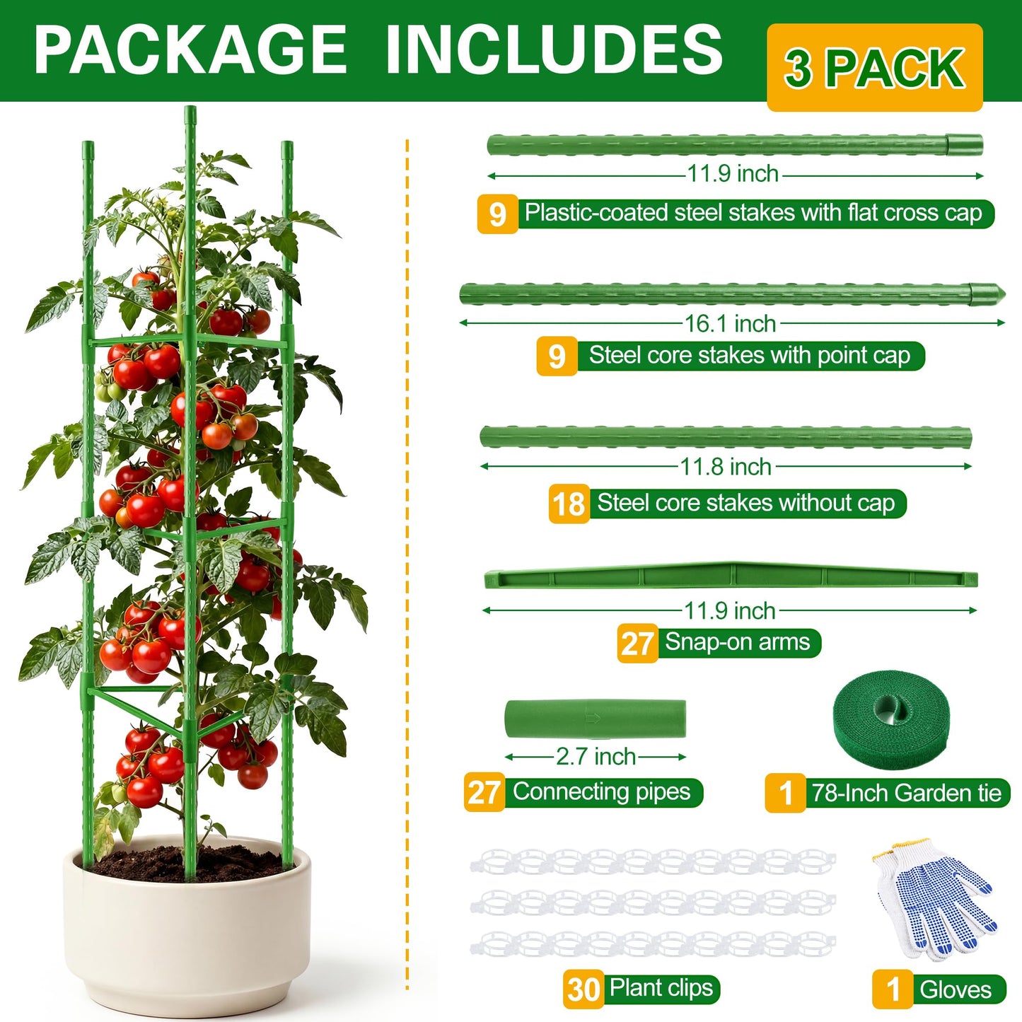 WAENLIR 3 Pack Tomato Cages for Garden, Up to 51 Inch Tomato Trellis for Raised Garden Bed, Plant Stakes for Pots, Durable Tomato Plant Support Garden Stakes for Climbing Plants