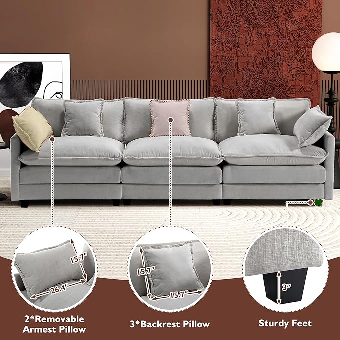 Ihanherry 111.4 Inch 3-Seater Cloud Sofa, Modular Sectional Couch, Modern Deep