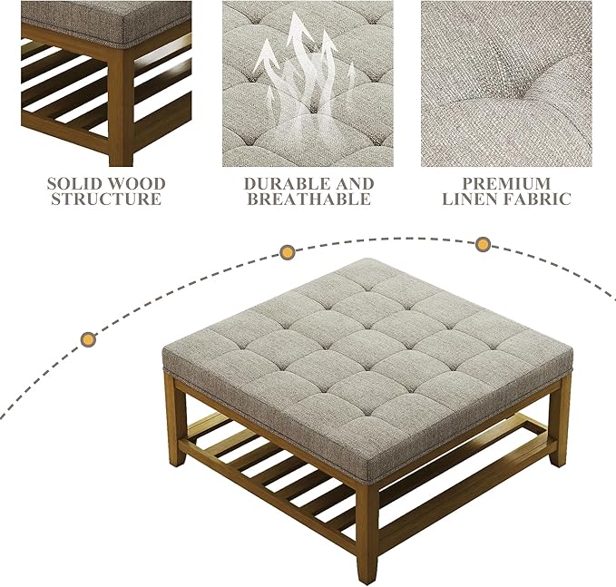 Befurtori Large Square Ottoman Coffee Table, Linen Solid Upholstered Footrest