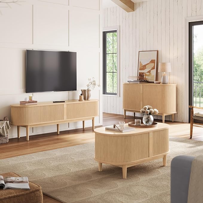 LINSY HOME Fluted TV Stand for 75" TV, Mid-Century Modern 70" Entertainment