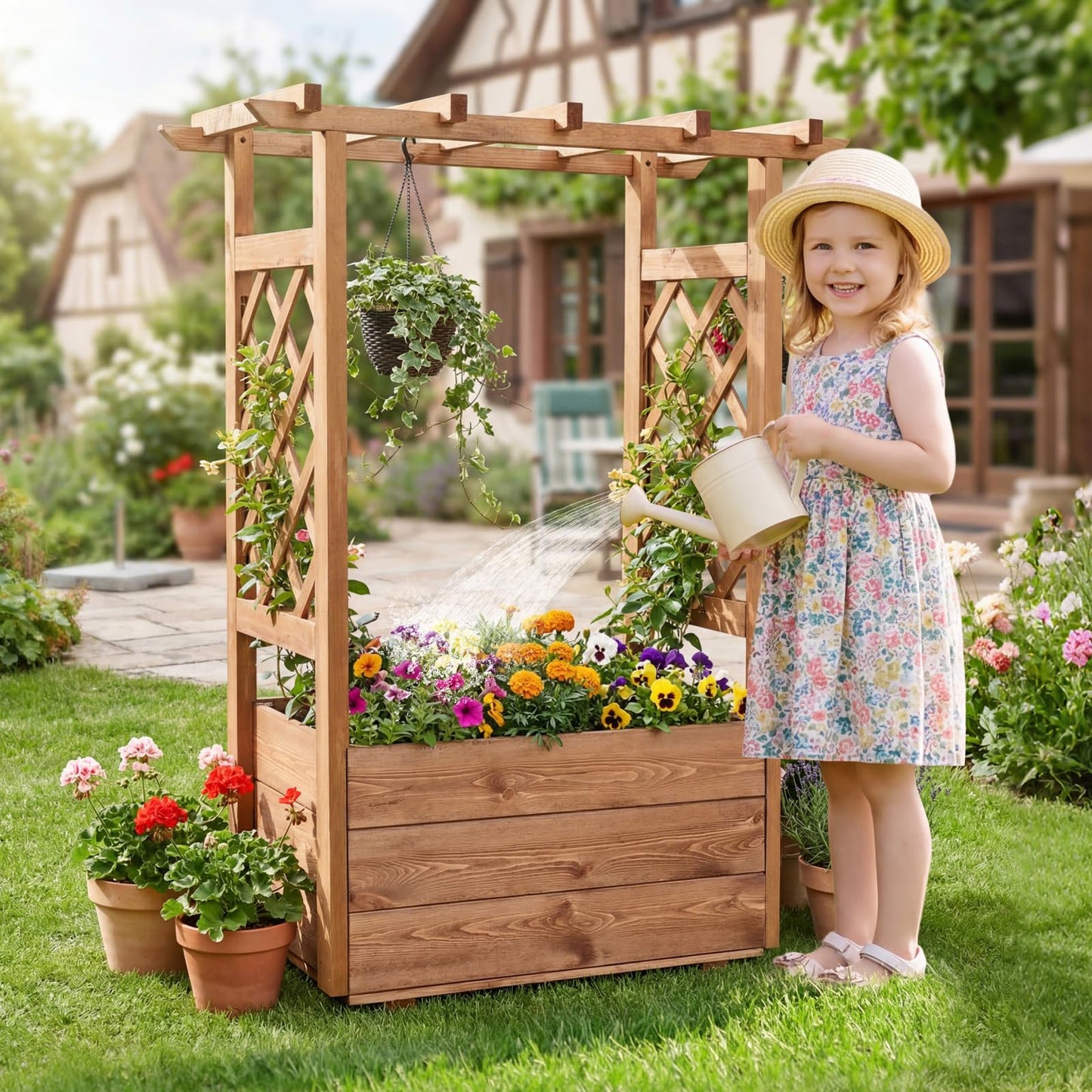 Giantex Raised Garden Bed with Sided Trellis & Roof Set 2, 31”x16”x41” Wood Elevated Planter Box, Freestanding Garden Planter Raised Bed for Flowers Herbs Climbing Vines,Brown