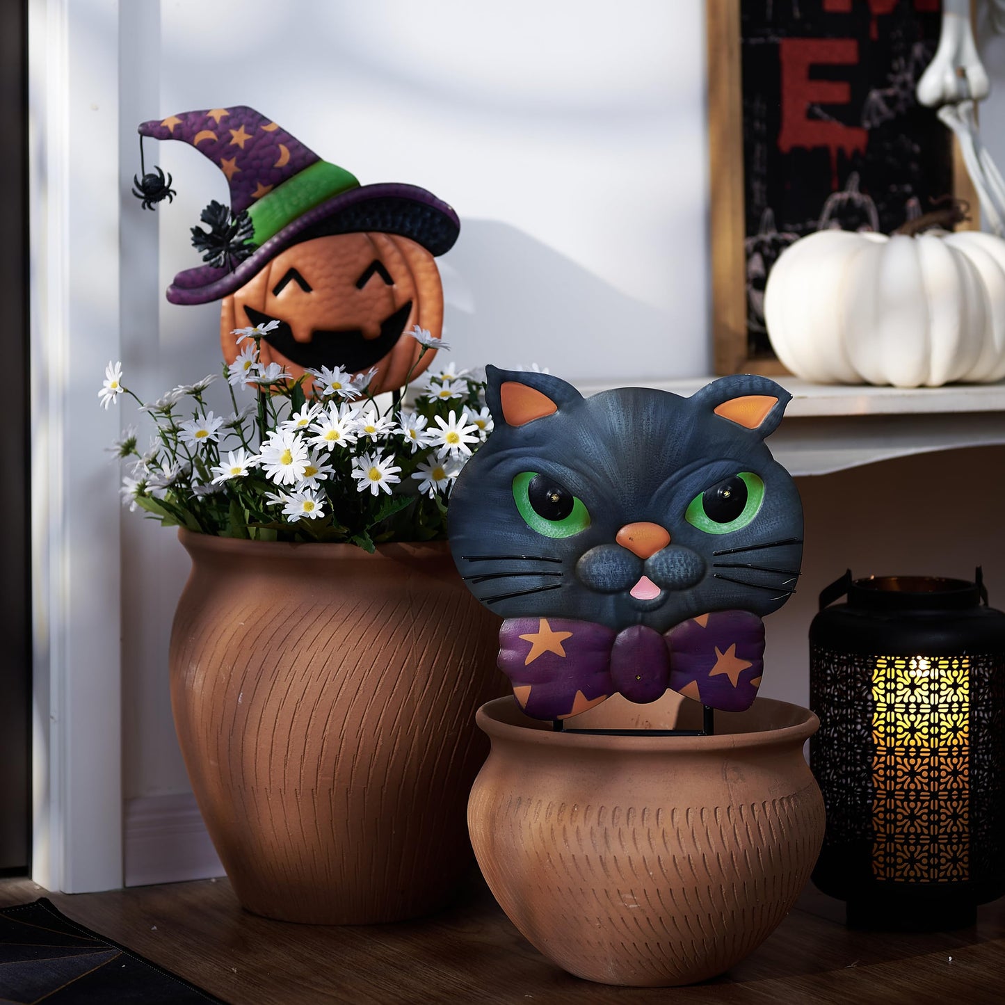 TERESA'S COLLECTIONS Metal Halloween Yard Stakes, Halloween Decorations Outdoor with Cute Black Cat Pumpkin, Jack-o-Lantern Stacked Garden Stakes Lawn Gift for Party Pathway Porch Patio Decor, 25“