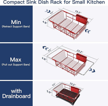 JASIWAY Red Dish Drying Rack in Sink, Expandable Stainless Steel Dish Drainers with Drainboard for Kitchen Counter, Space Saving Dish Dryer Rack, Over The Sink Dish Racks with Utensil Holder