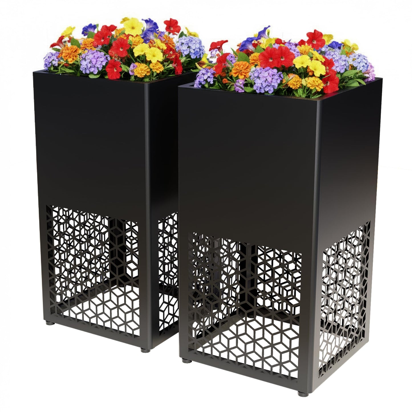Vrtizalv 2 Pack Tall Metal Planter Box for Outdoor Plants 16" L x 16" W x 30" H, Heavy Duty Tall Rounded Corner Spliced Hollowed-Out Design Planter for Porch, Garden, Patio, Yard Outdoor Plants