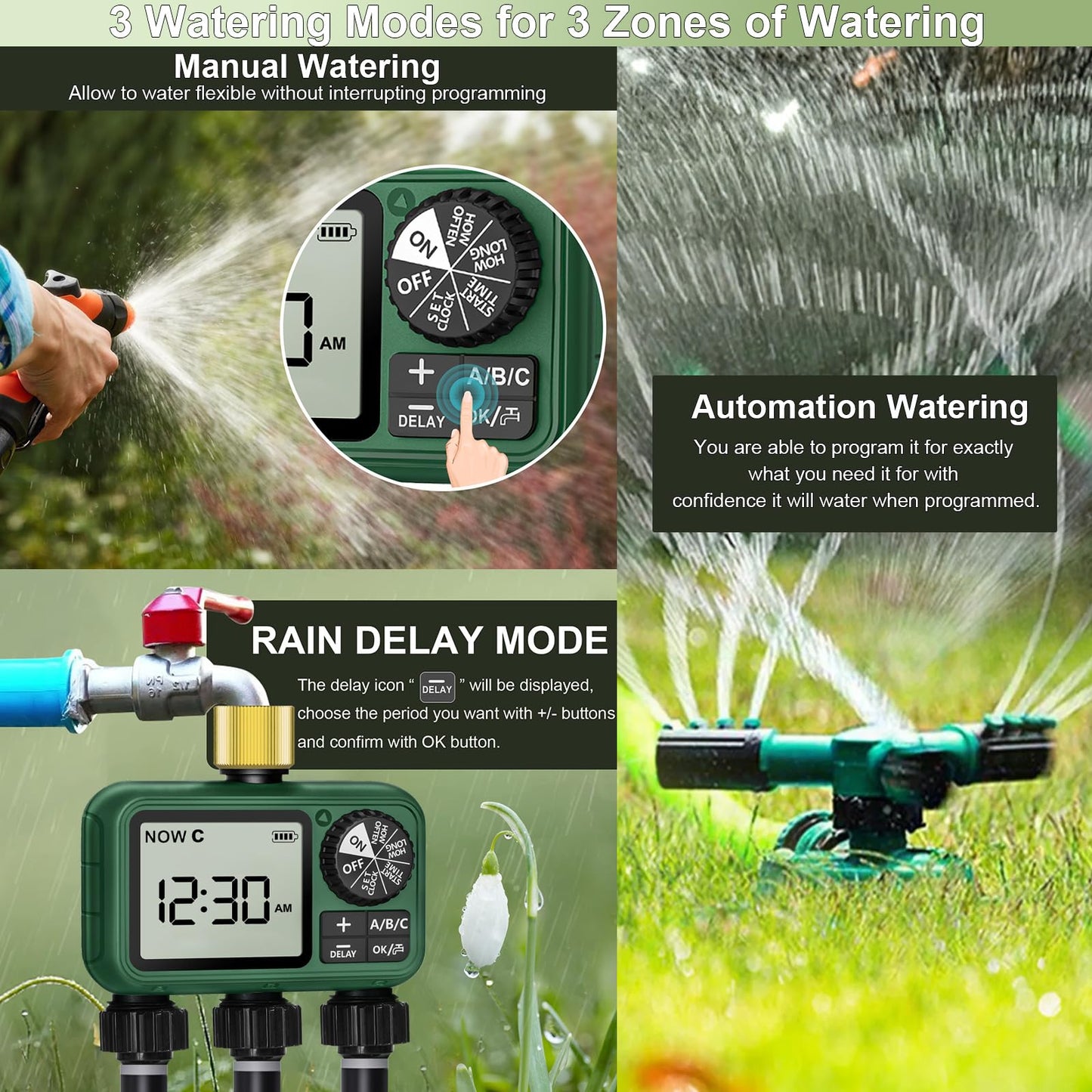 XinFuture Water Timer for Outdoor Garden Hose, Sprinkler Timer for Garden Faucet with Auto/Manual/Rain Delay Mode, Sprinkler Irrigation Controller for Yard Lawn (3 Zones Brass Inlet)