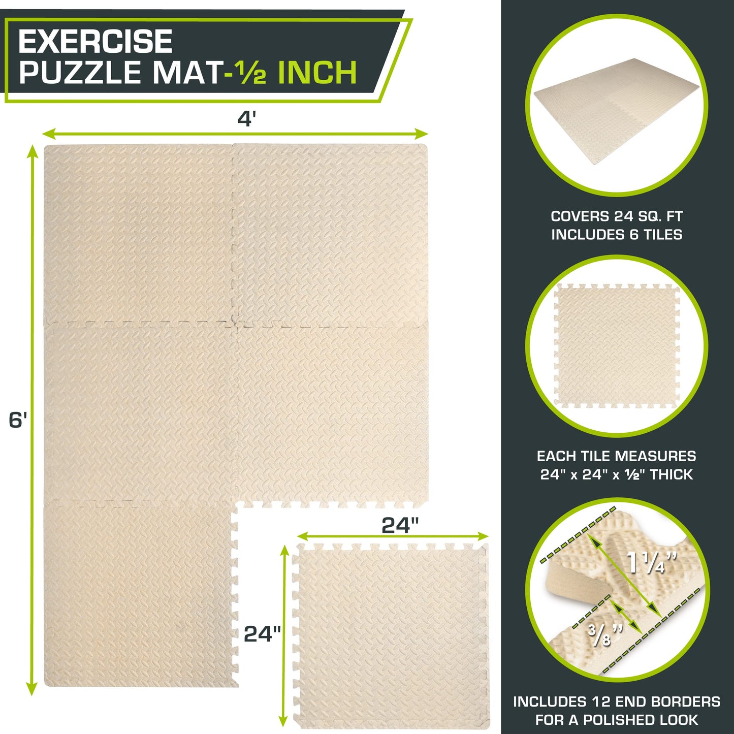 ProsourceFit Puzzle Exercise Mat ½ in, EVA Interlocking Foam Floor Tiles for Home Gym, Mat for Home Workout Equipment, Floor Padding for Kids, Black, 24 in x 24 in x ½ in, 24 Sq Ft - 6 Tiles