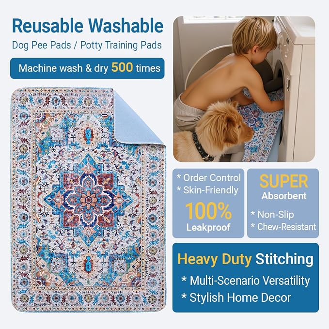 Washable Dog Pee Pads - 2 Pack， 40x26 Inch Large Reusable Absorbent Waterproof Puppy Potty Training Pads, Non-Slip Leakproof Whelping Pet Boho Mat for Crate, Playpen， Kennel & Indoors