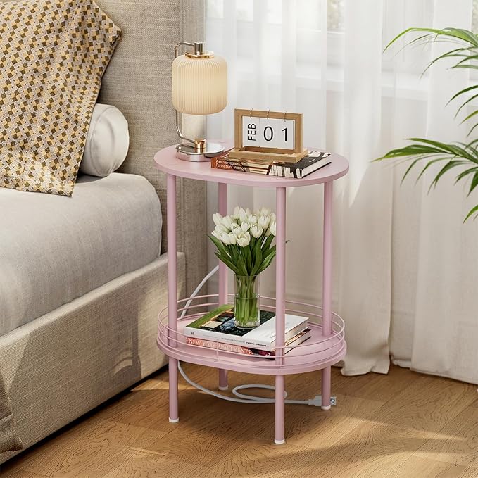 DGSANDGO Pink Side Table with Charging Station, Side Tables Living Room