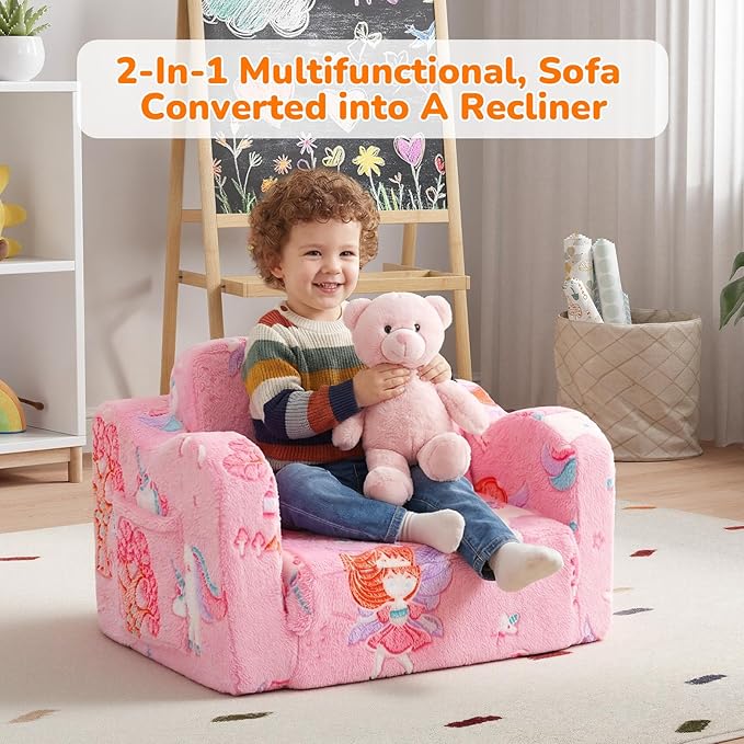 MeMoreCool Glowing Pink Fairy Kids Chair, 2-in-1 Fold-Out Kids Couch and Sofa