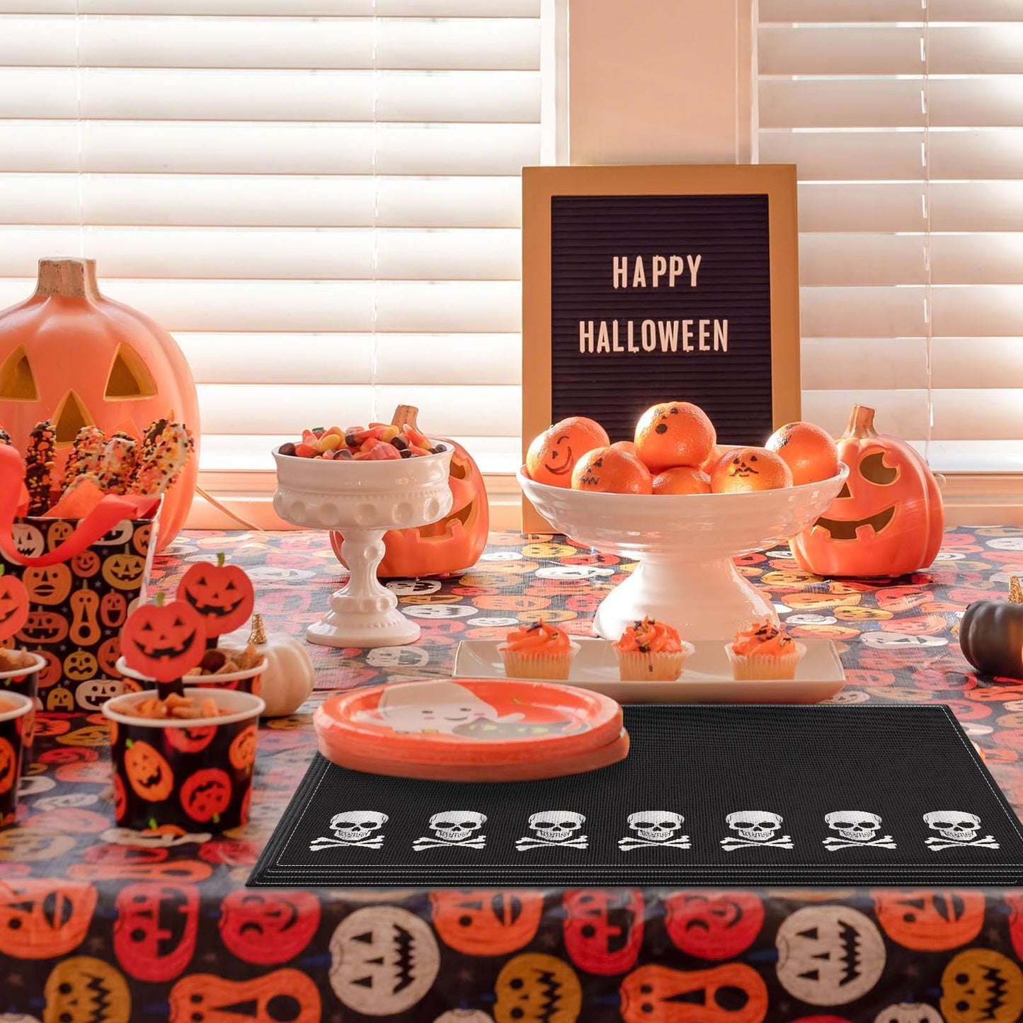 Bayson Halloween Pirate World Skull Placemats Set of 4, 12x18 Inch Skeleton Patriotic Country Table Mat, Non-Slip and Washable Linen Place Mat for Home Party Decoration