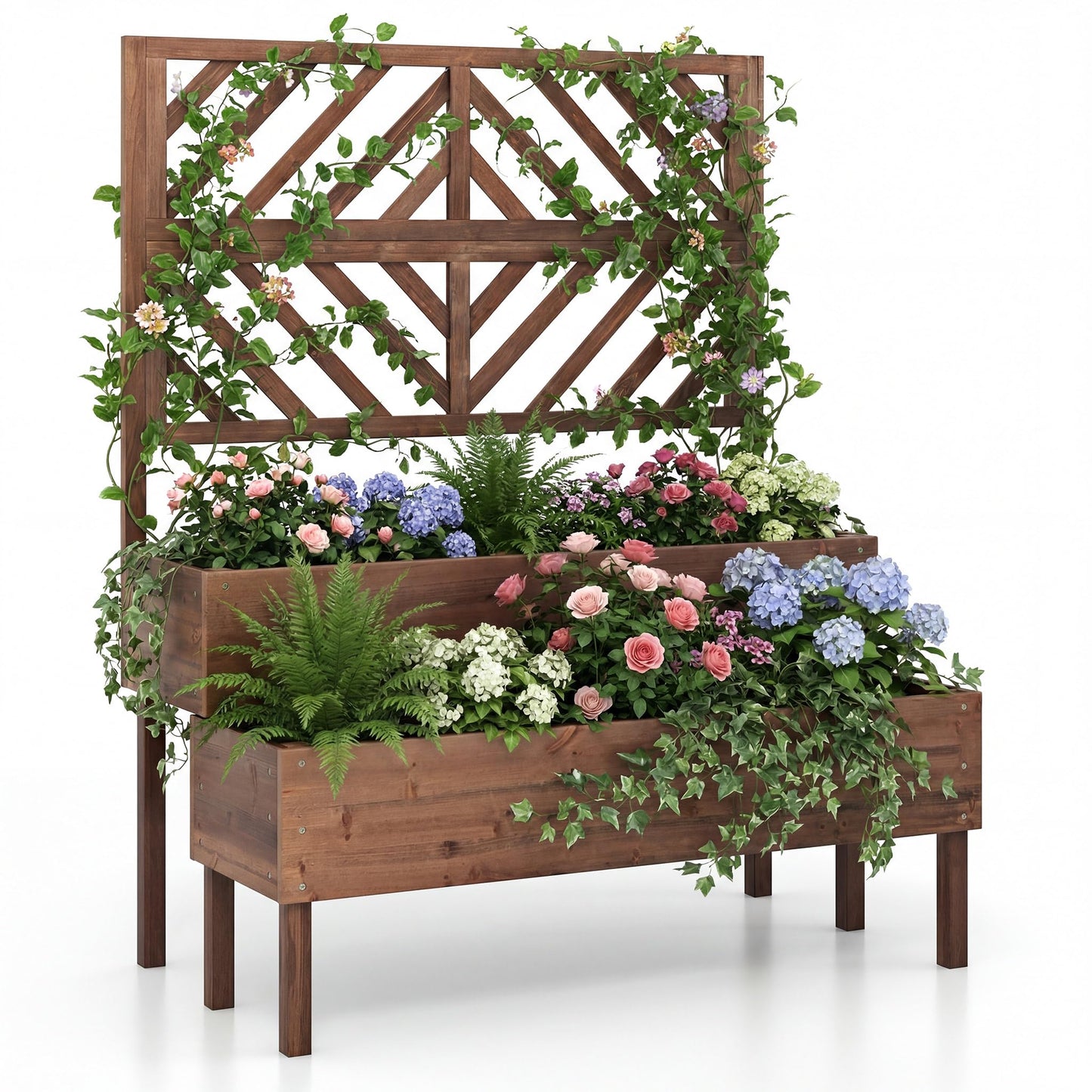 Giantex Raised Garden Bed with Trellis, 2-Tier Standing Planter Box with Legs and Drain Holes, Outdoor Elevated Garden Trellis for Vine Climbing, Flower Vegetable Fruit Herb Growing, Coffee Brown