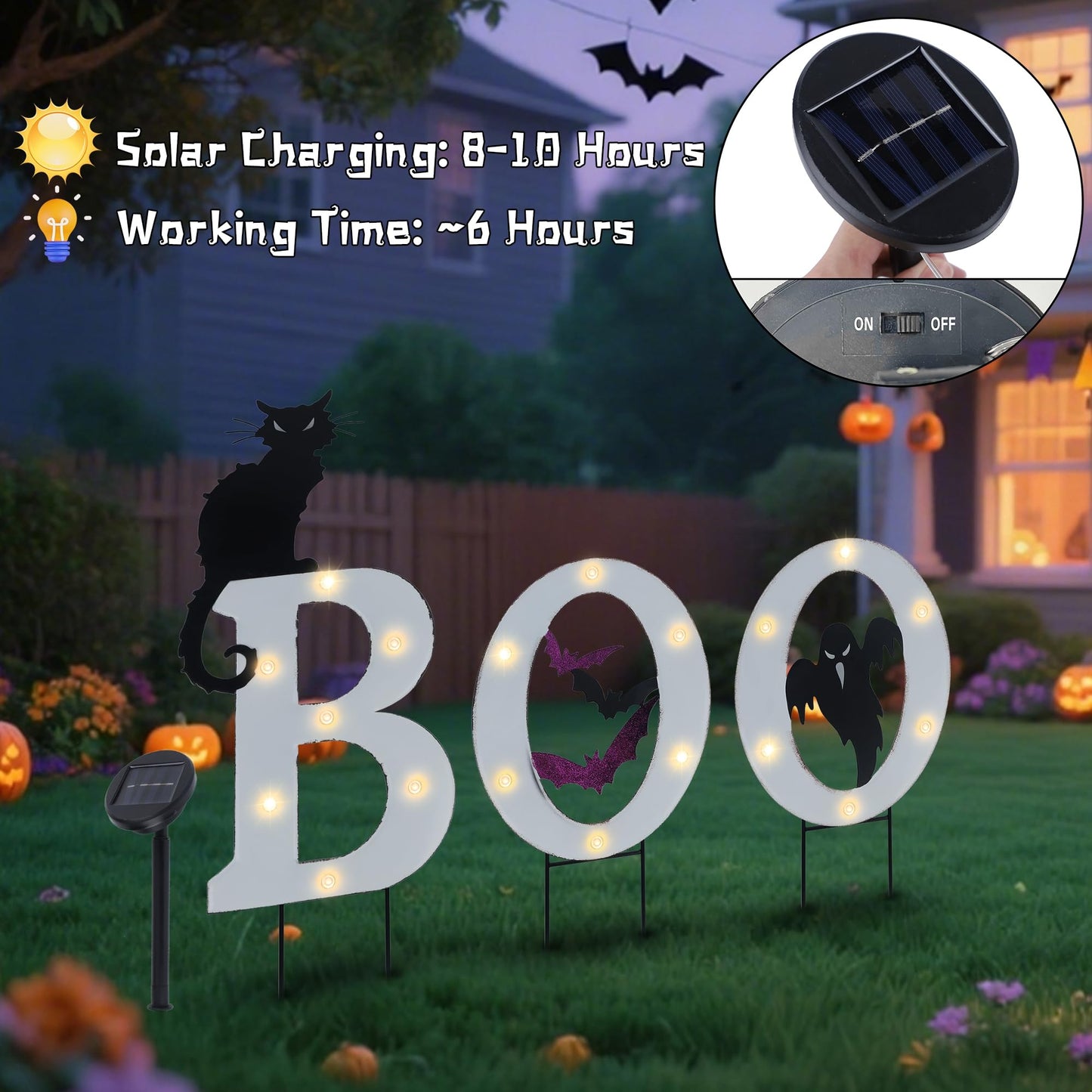 Prsildan 3 Pack Halloween Decorations Outdoor -Solar Powered Lighted Boo Yard Sign with Bats, Cat & Ghost, Waterproof Metal Lawn Stakes for Front Yard, Porch, Garden - Spooky Halloween Party Decor