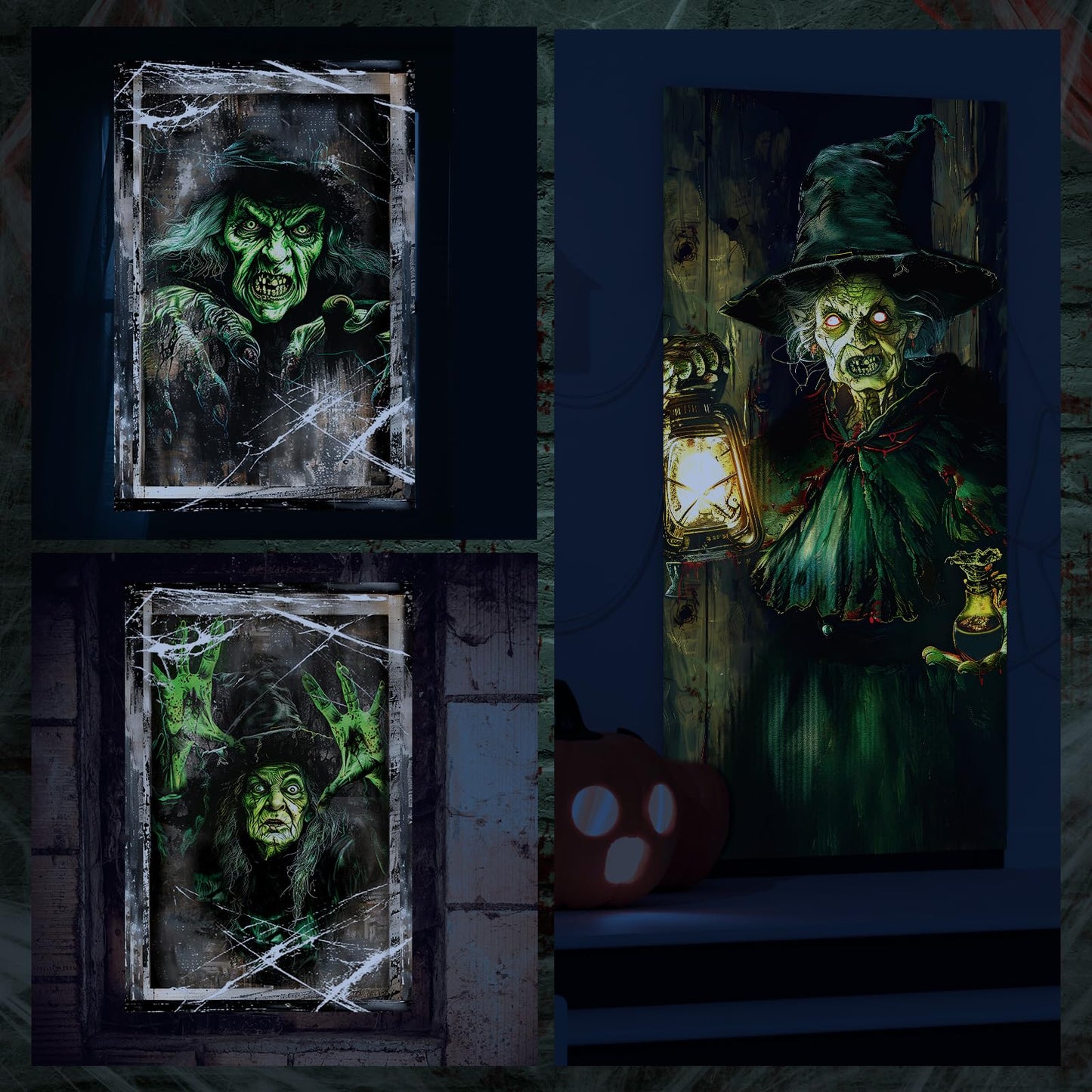 Fanfanwin 3 Pcs Halloween Window Door Covers Set Halloween Scary Window Curtain and Door Cover Spooky Silhouette Props Poster for House Decor(Witch)
