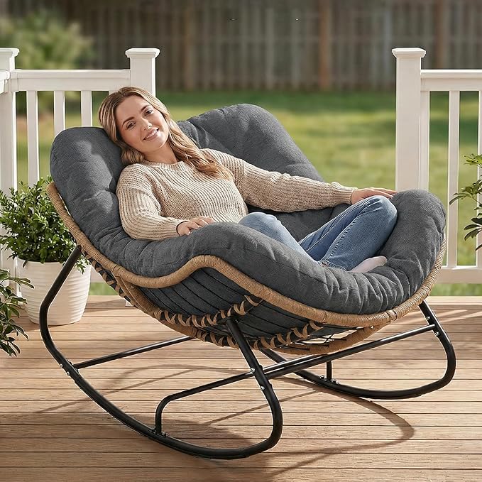SWITTE Outdoor Papasan Rocking Chair, Oversized Patio Egg Chair