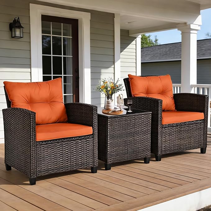COSTWAY 3PCS Patio Furniture Set, PE Rattan Wicker Sofa w/Washable Cushion and