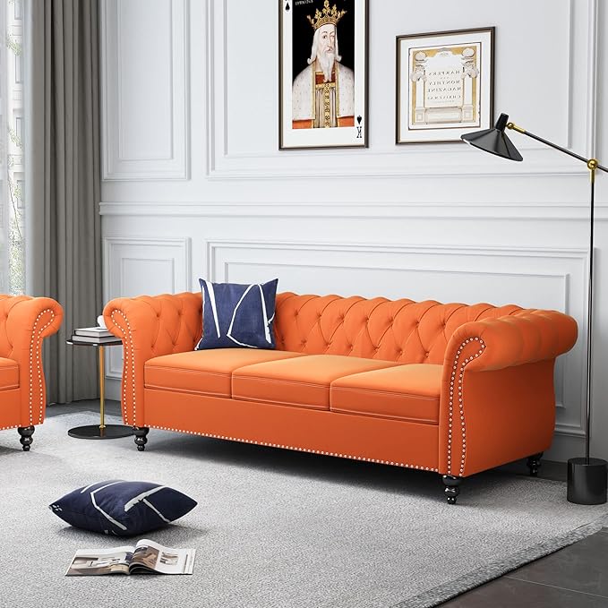 ORRD 2 Piece Living Room Set, Velvet Chesterfield Sofa Couch Chair