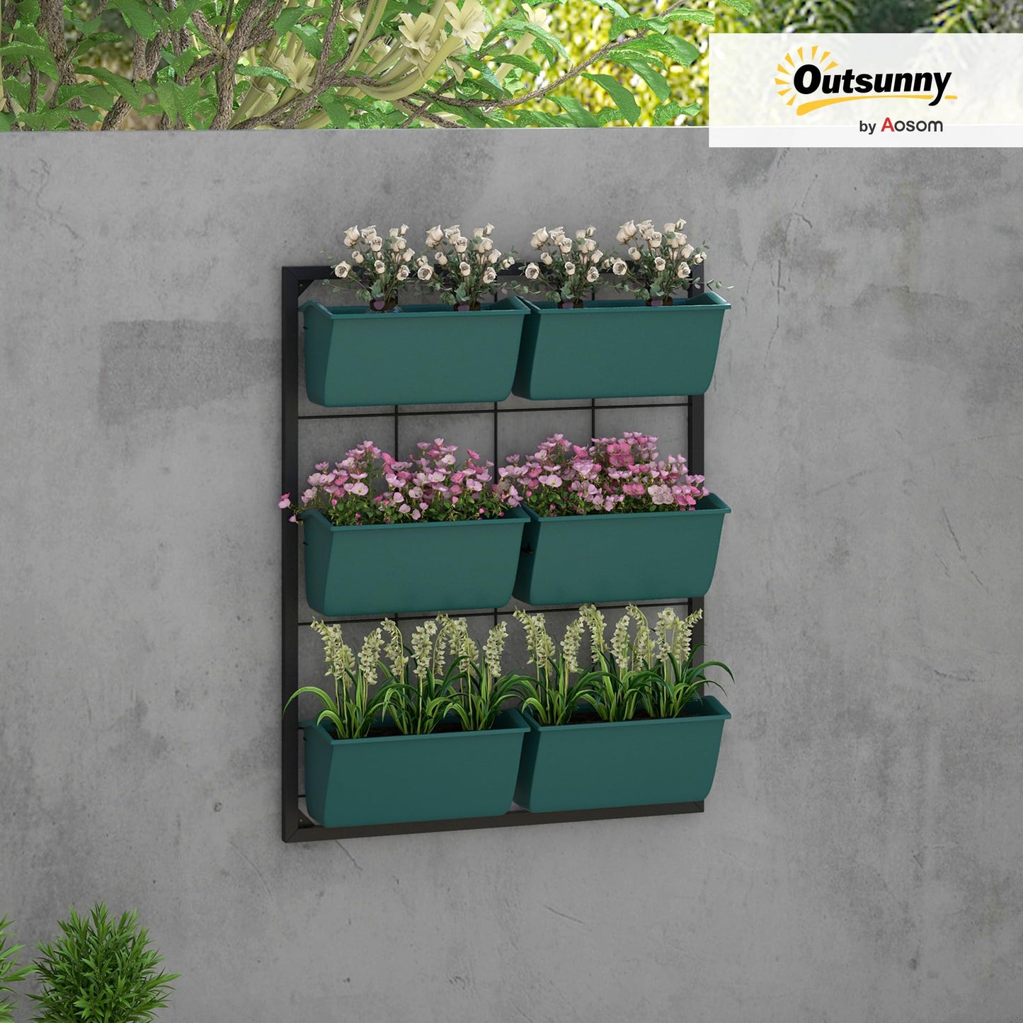 Outsunny 3-Tier Wall Planter with 6 Pots for Indoor and Outdoor Use, Hanging Plant Holder, Self Draining Wall Mounted Planter for Vegetables, Flowers, Herbs, Green