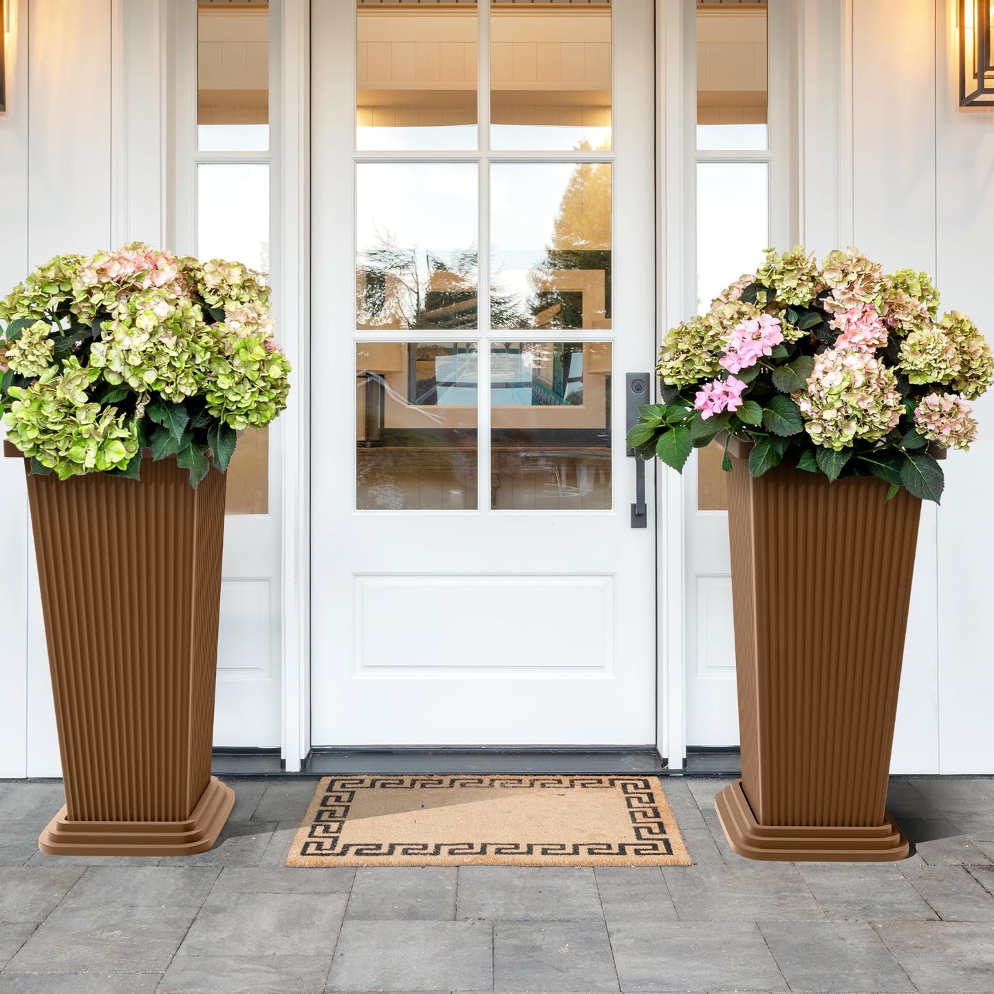 TUYOHW Set of 2 Tall Planters, 24" Large Indoor Outdoor Flower Pots with Tray, Modern Tapered Planters for Porch, Patio, Garden, Backyard