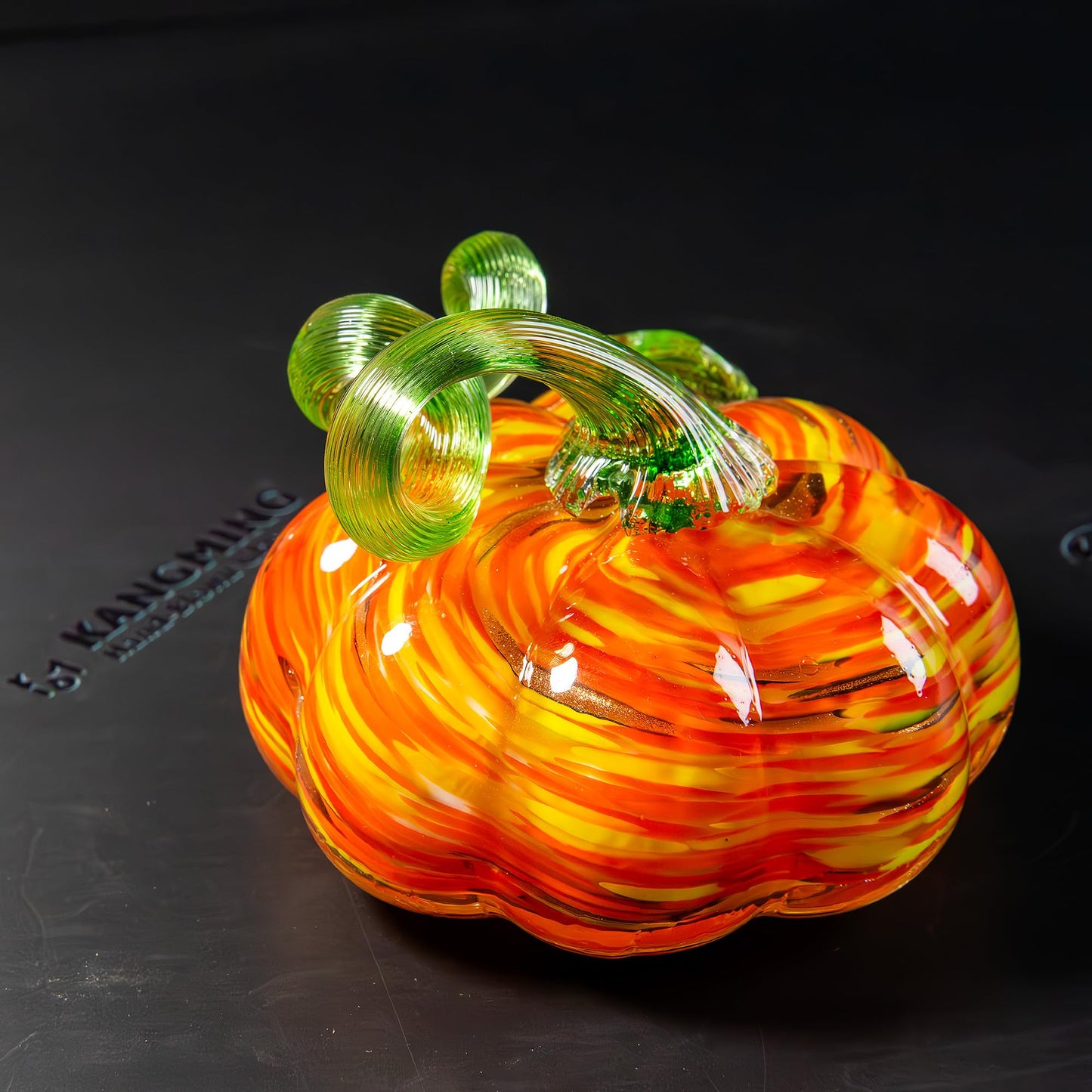 kangming Hand-Blown Glass Pumpkin, Rustic Amber Stripe Art Glass Harvest Decor, Autumn Figurine Sculpture for Halloween & Thanksgiving Table Centerpiece (Rustic Amber Stripe)