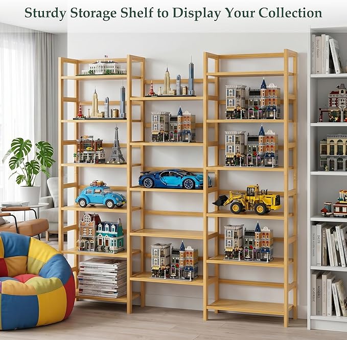 Homykic Bamboo Bookshelf, 71” Tall Triple Wide Bookcase