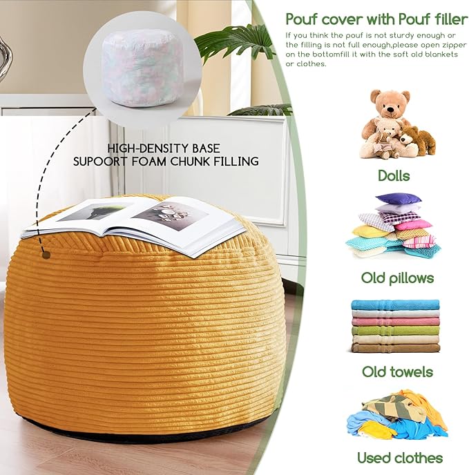 HIGOGOGO Round Stuffed Pouf Ottoman, Corduroy Poufs
