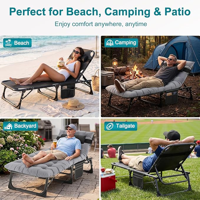 ABORON 2PK Chaise Lounge Chair, 5 Positions Padded Outdoor Tanning Chair