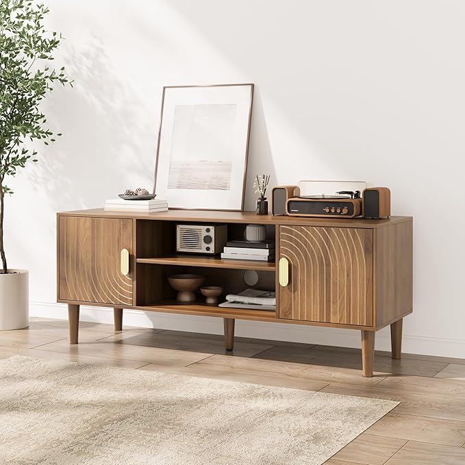 Smuxee Walnut TV Stand with Line Groove Design, 47.2" Mid Century Modern TV