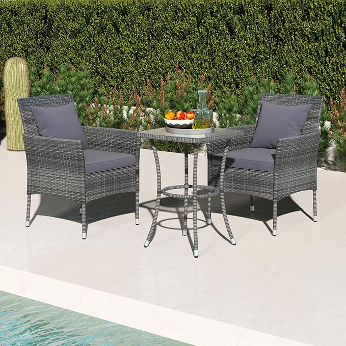 Tangkula 3-Piece Patio Furniture Set, PE Wicker Conversation Bistro Set w/A
