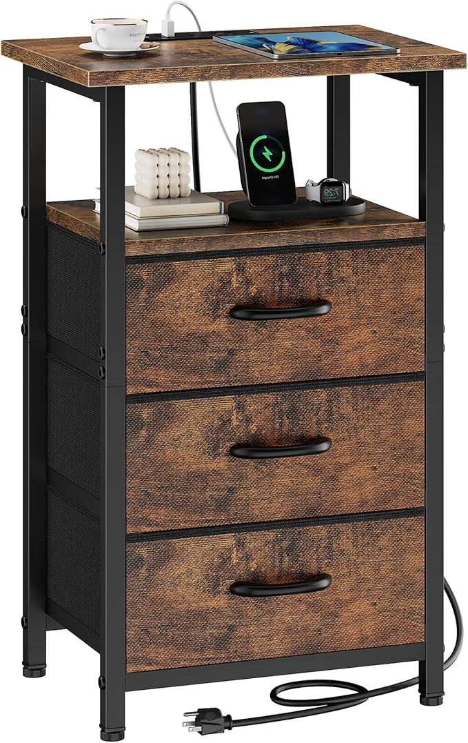 Vagusicc Nightstand with Charging Station, Bedside Table with USB Ports and