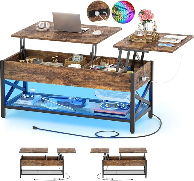 Aheaplus Coffee Table with LED Light and Power Outlet, Modern Lift-Top Center