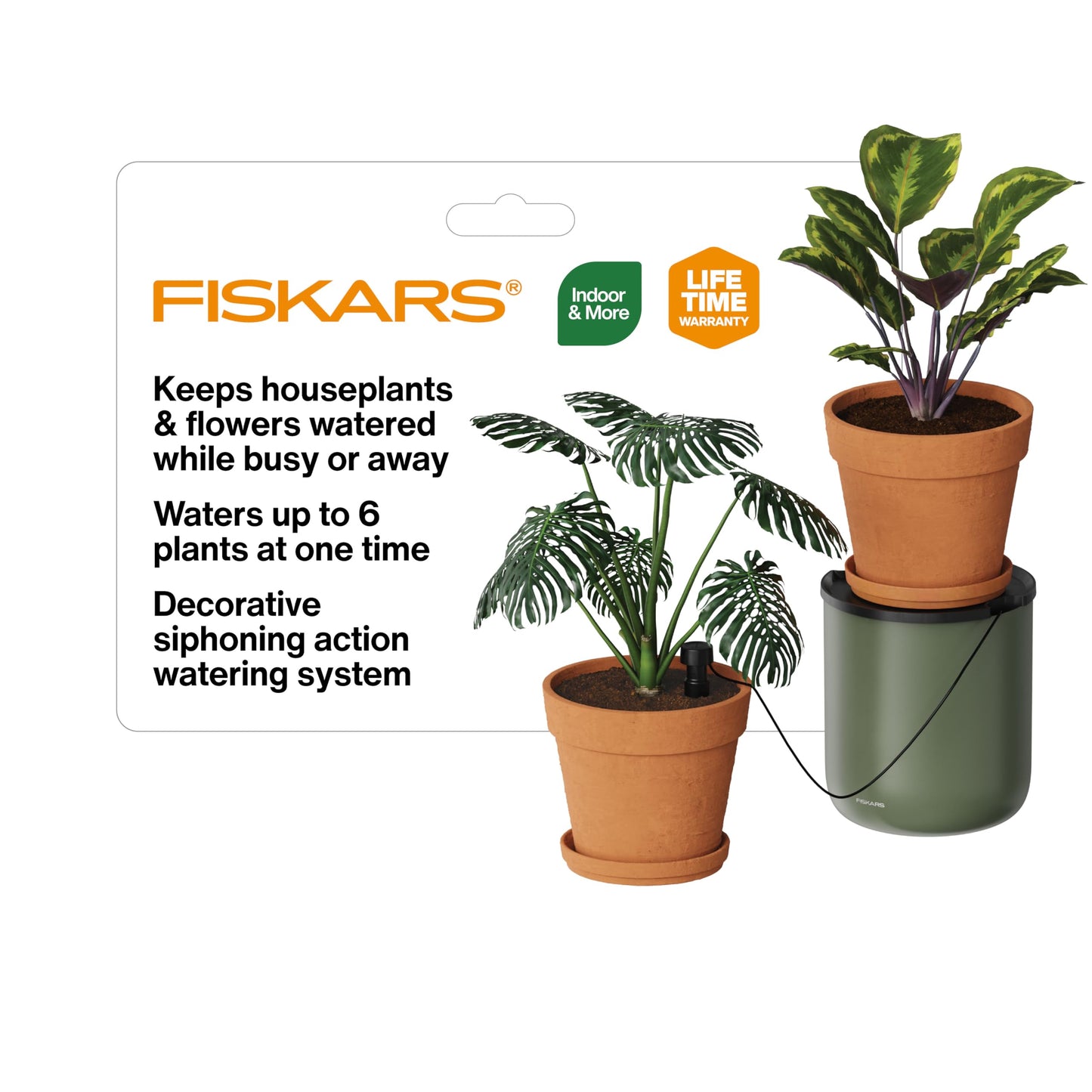 Fiskars LifeWell Watering System for Houseplants, Self-Watering Indoor Plant Stand with Siphon Action, Waters Up to 6 Plants, 33" Reach