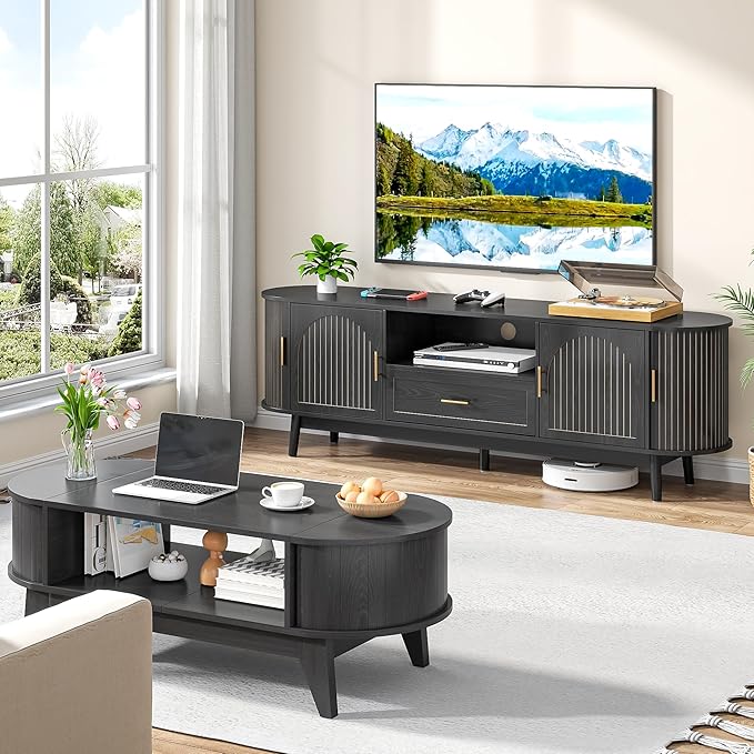 70" Fluted TV Stand for Tvs up to 80", Mid-Century Modern Entertainment Center
